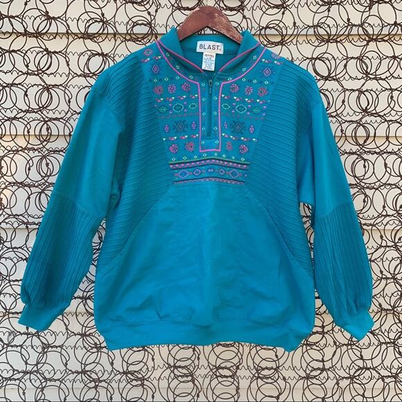 Vintage neon Aztec turquoise 1/4 zip granny sweatshirt - Picture 1 of 4